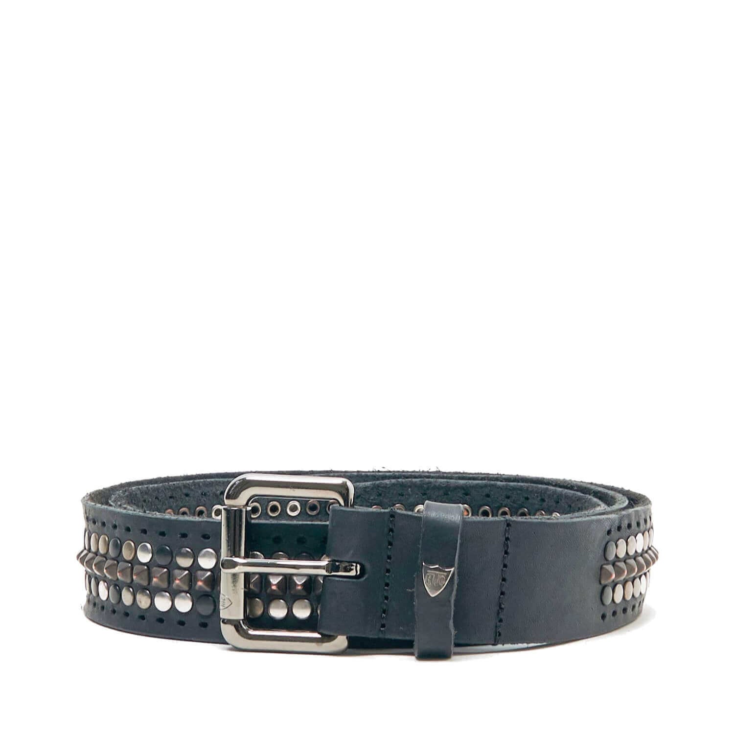 Hollywood Trading Company ENCINO BELT ENCINO BELT Leather belt with multi-finish studs, brass buckle, studded loop and rivet with engraved logo. Made in Italy. BELTS Hollywood Trading Company Hollywood Trading Company