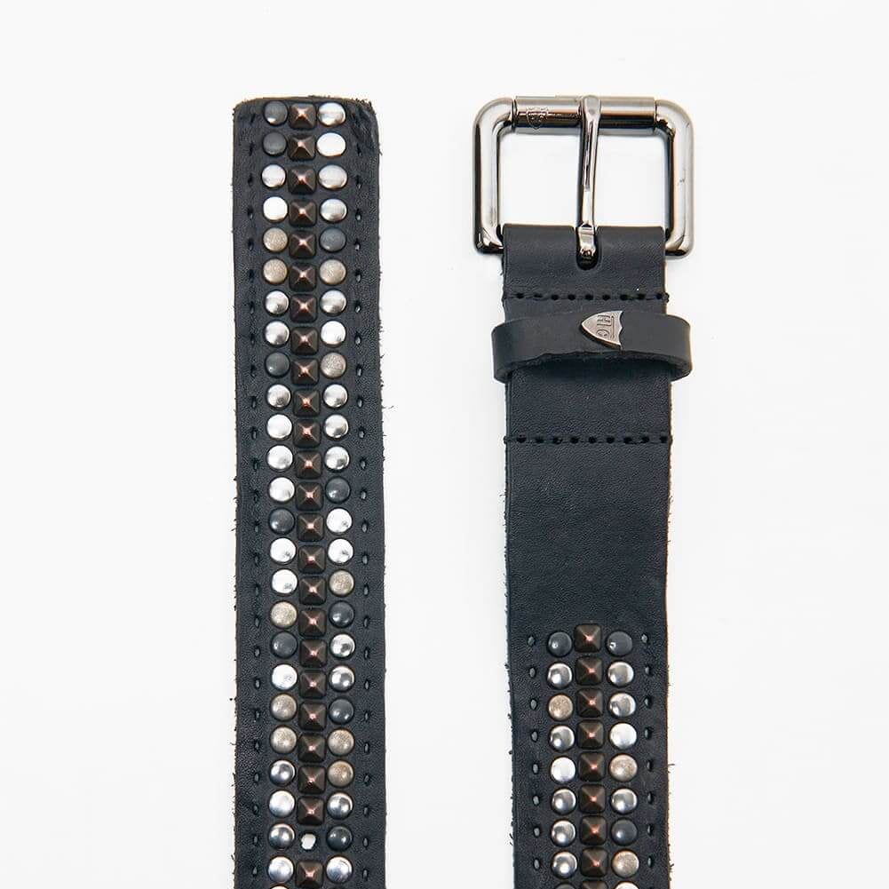 Hollywood Trading Company ENCINO BELT ENCINO BELT Leather belt with multi-finish studs, brass buckle, studded loop and rivet with engraved logo. Made in Italy. BELTS Hollywood Trading Company Hollywood Trading Company