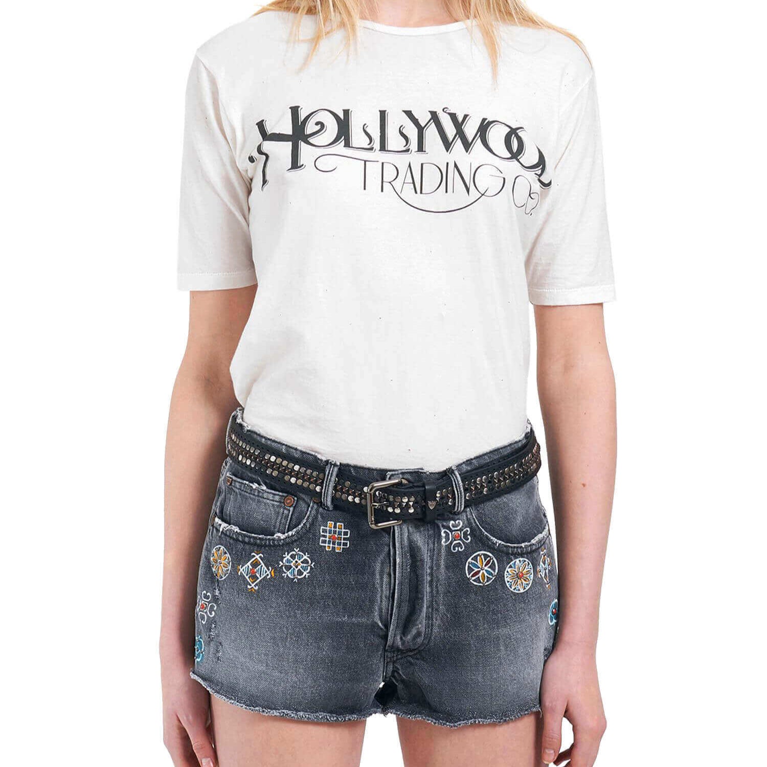 Hollywood Trading Company ENCINO BELT ENCINO BELT Leather belt with multi-finish studs, brass buckle, studded loop and rivet with engraved logo. Made in Italy. BELTS Hollywood Trading Company Hollywood Trading Company