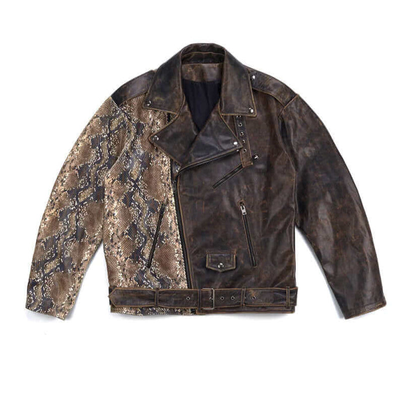 htclosangeles JIMI SAUVAGE JACKET JIMI SAUVAGE JACKET Brown leather jacket with snake print detail. Side pocket with zip closure. Zippers on the sleeves. 100% leather. Lining 100% viscose. Made in Italy. LEATHER JACKETS Hollywood Trading Company Hollywood