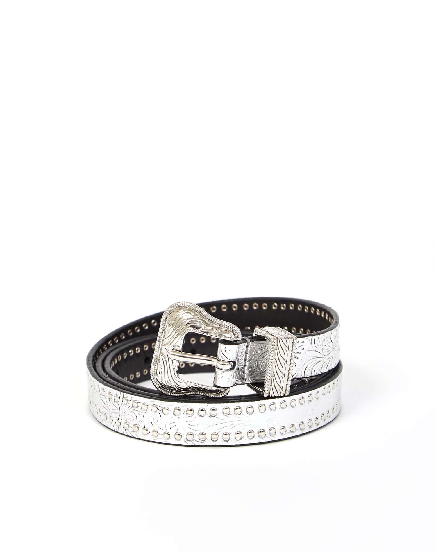 JOANA MINI BELT Silver leather belt with studs on the outline and carved details, buckle and belt loop in shiny metal. Height: 2 cm. Made in Italy. HTC LOS ANGELES