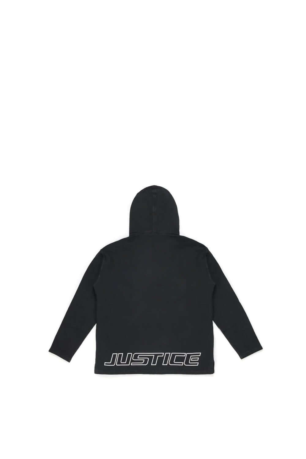 Justice Sweater Hoodie with frontal fanny pack pocket. 'JUSTICE' print on the back. 100% cotton. Made in Italy. HTC LOS ANGELES
