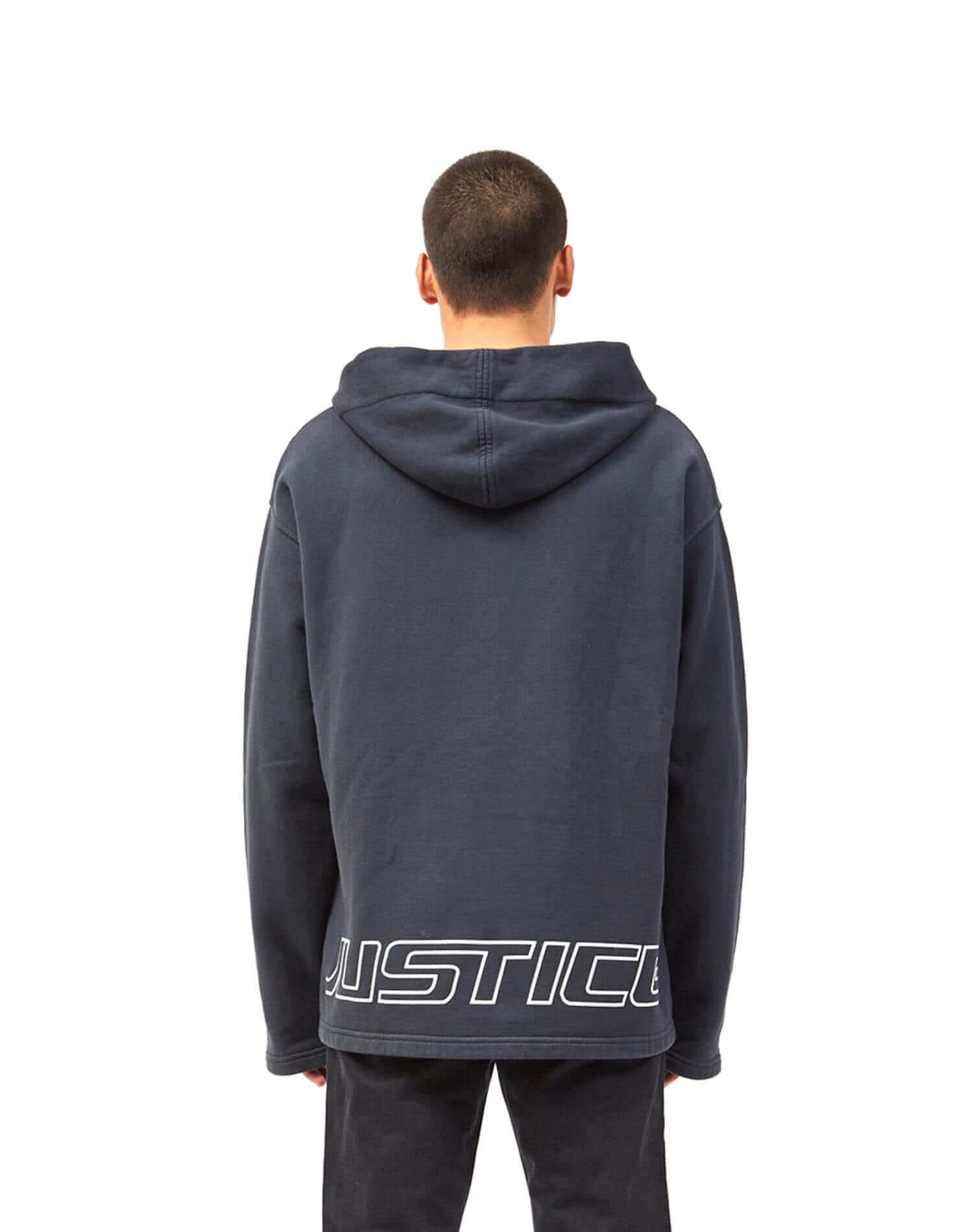 Justice Sweater Hoodie with frontal fanny pack pocket. 'JUSTICE' print on the back. 100% cotton. Made in Italy. HTC LOS ANGELES