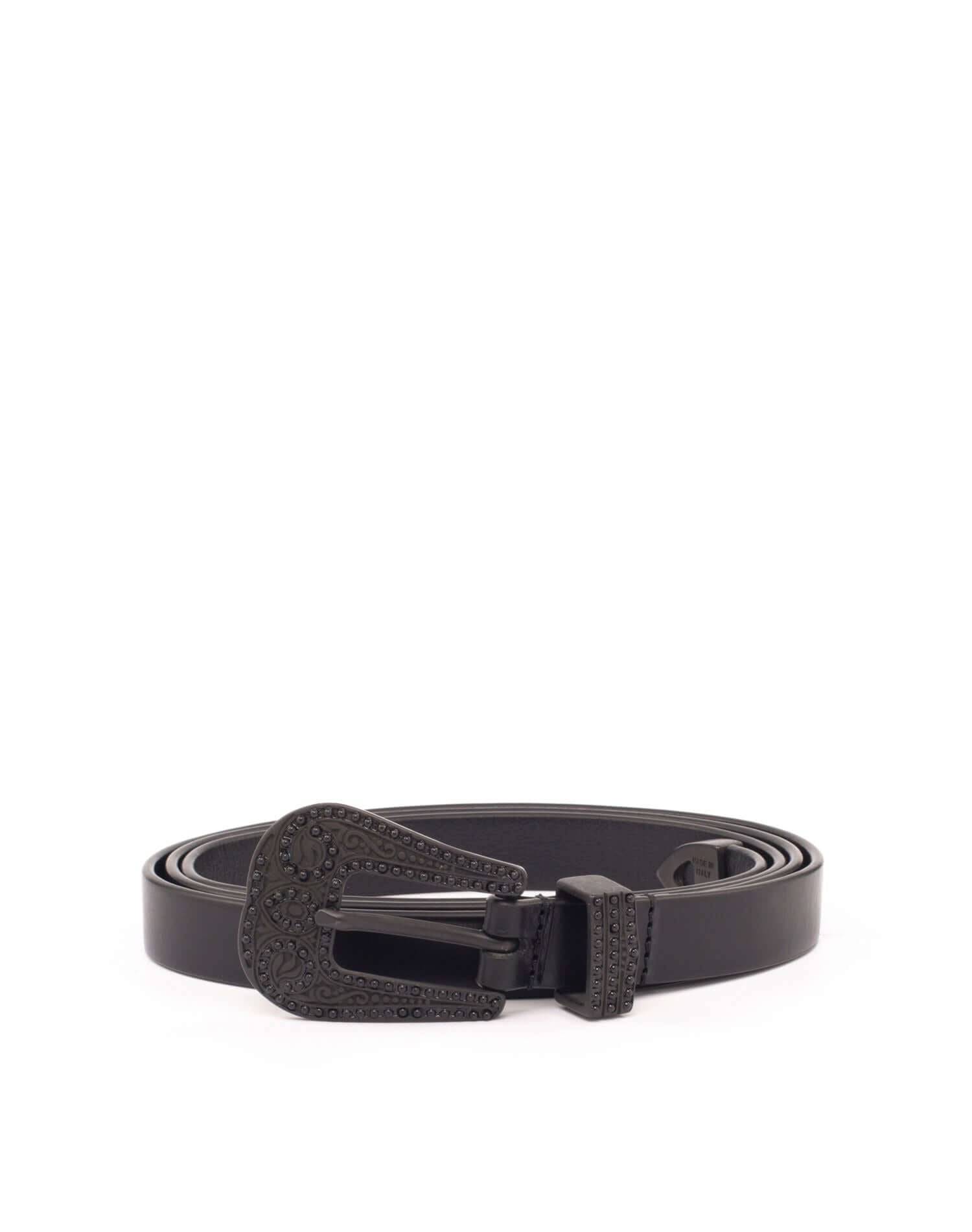 KARLIE BELT Leather belt. Brass buckle, loop and point with glass stones. 2 cm height. Made in Italy HTC LOS ANGELES