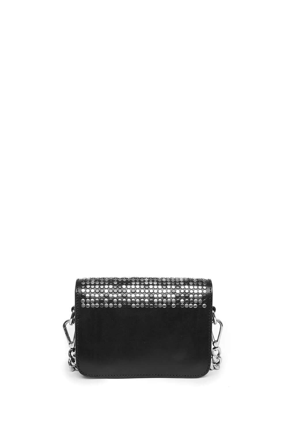 L.A. 10.000 MINI BAG Black leather mini bag. Front flap with snap button closure. Front silver colored metal logo detail. Studded outline on the front. One internal patch pocket. Leather lining. Shoulder leather strap and metal chain little strap. Made in