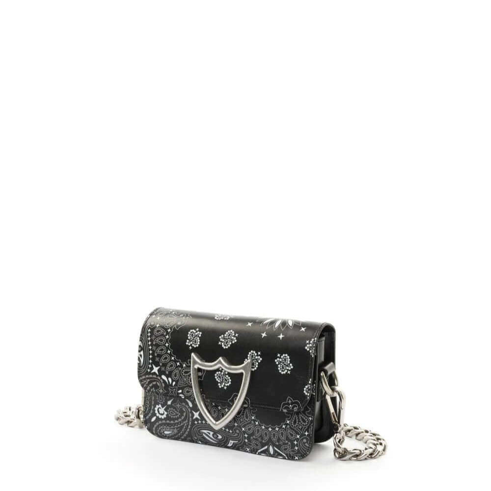 Hollywood Trading Company L.A. BANDANA MINI BAG L.A. BANDANA MINI BAG Leather mini bag. All over printed paisley bandana. Front flap with snap button closure. Front silver colored metal logo detail. One internal patch pocket. Leather lining. Metal chain s