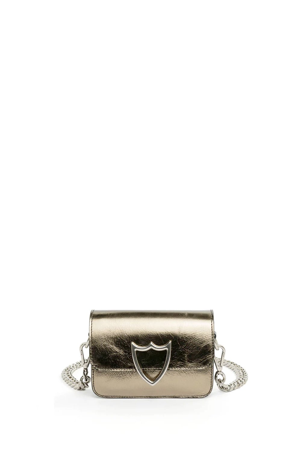 L.A. METAL MINI BAG Metallic leather mini bag. Front flap with snap button closure. Front silver colored metal logo detail. One internal patch pocket. Leather lining. Shoulder leather strap and metal chain little strap. Made in Italy. 100% Leather. Lenght