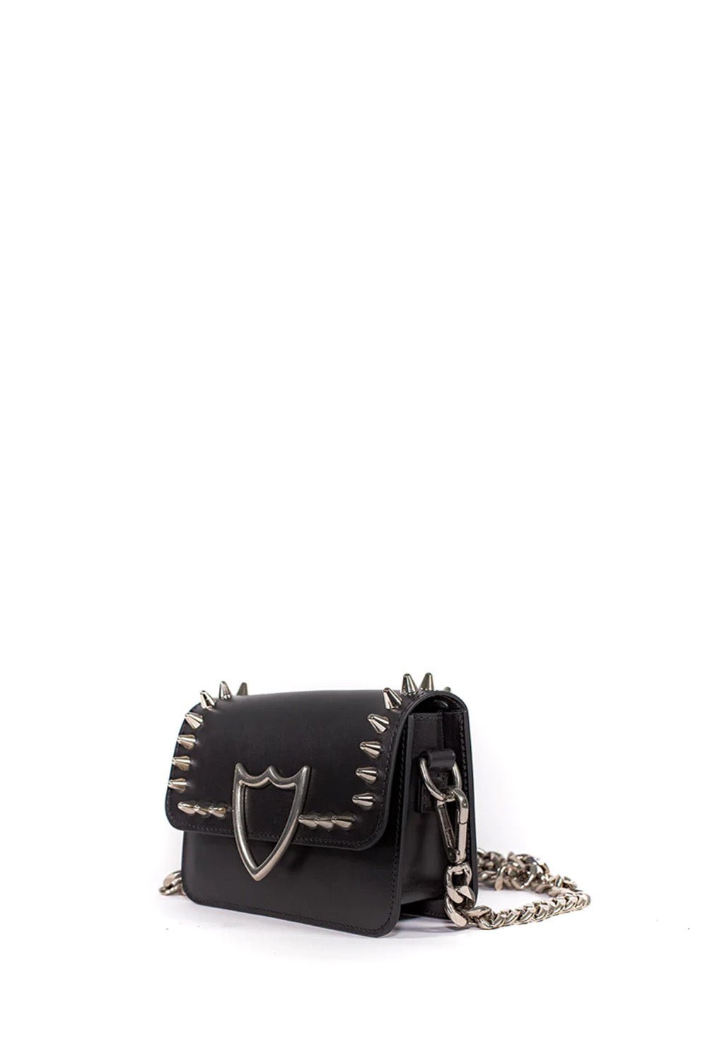 L.A. STUDDED MINI BAG Leather mini bag. Front studded flap with snap button closure. Front silver colored metal logo detail. One internal patch pocket. Leather lining. Shoulder leather strap and metal chain little strap. Made in Italy. 100% Leather. Lengh