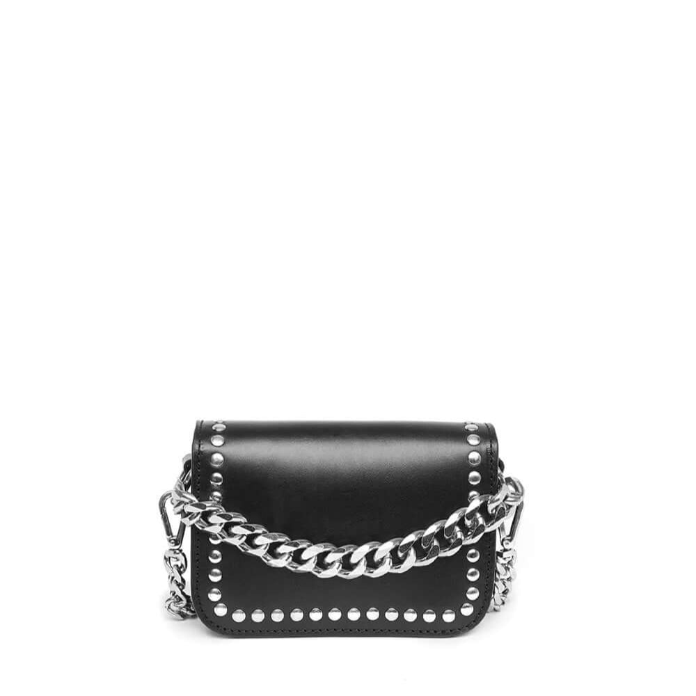 Hollywood Trading Company L.A. STUDS MICRO BAG L.A. STUDS MICRO BAG Leather micro bag. Front studded flap with snap button closure. Front silver colored metal logo detail. One internal patch pocket. Leather lining. Shoulder leather strap and metal chain l