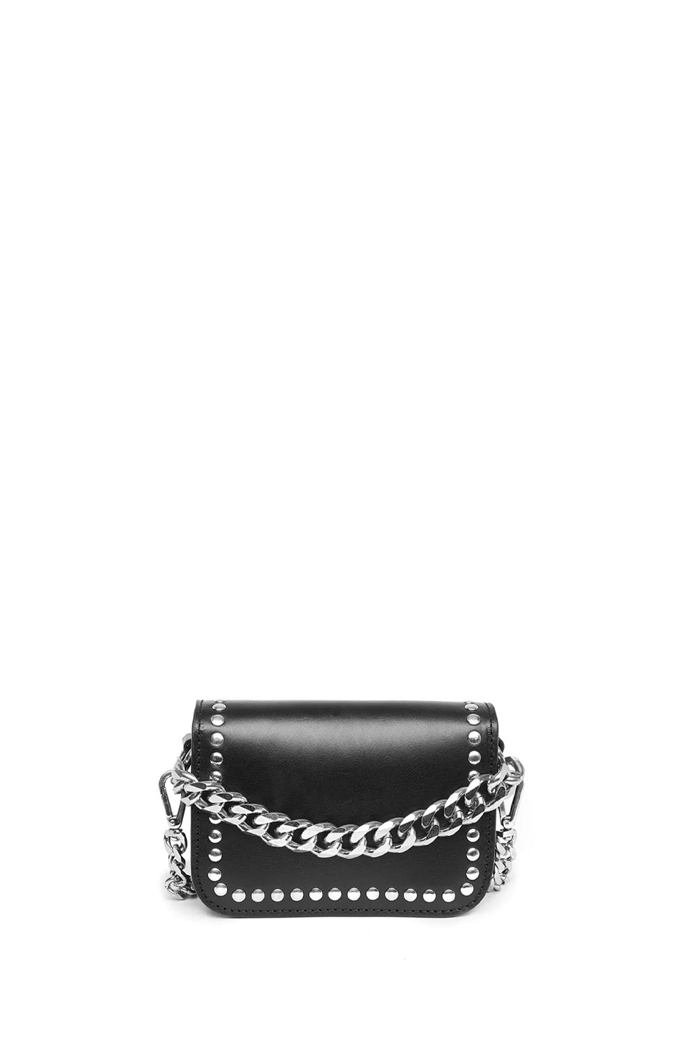L.A. STUDS MICRO BAG Leather micro bag. Front studded flap with snap button closure. Front silver colored metal logo detail. One internal patch pocket. Leather lining. Shoulder leather strap and metal chain little strap. Made in Italy. 100% Leather. Lengh
