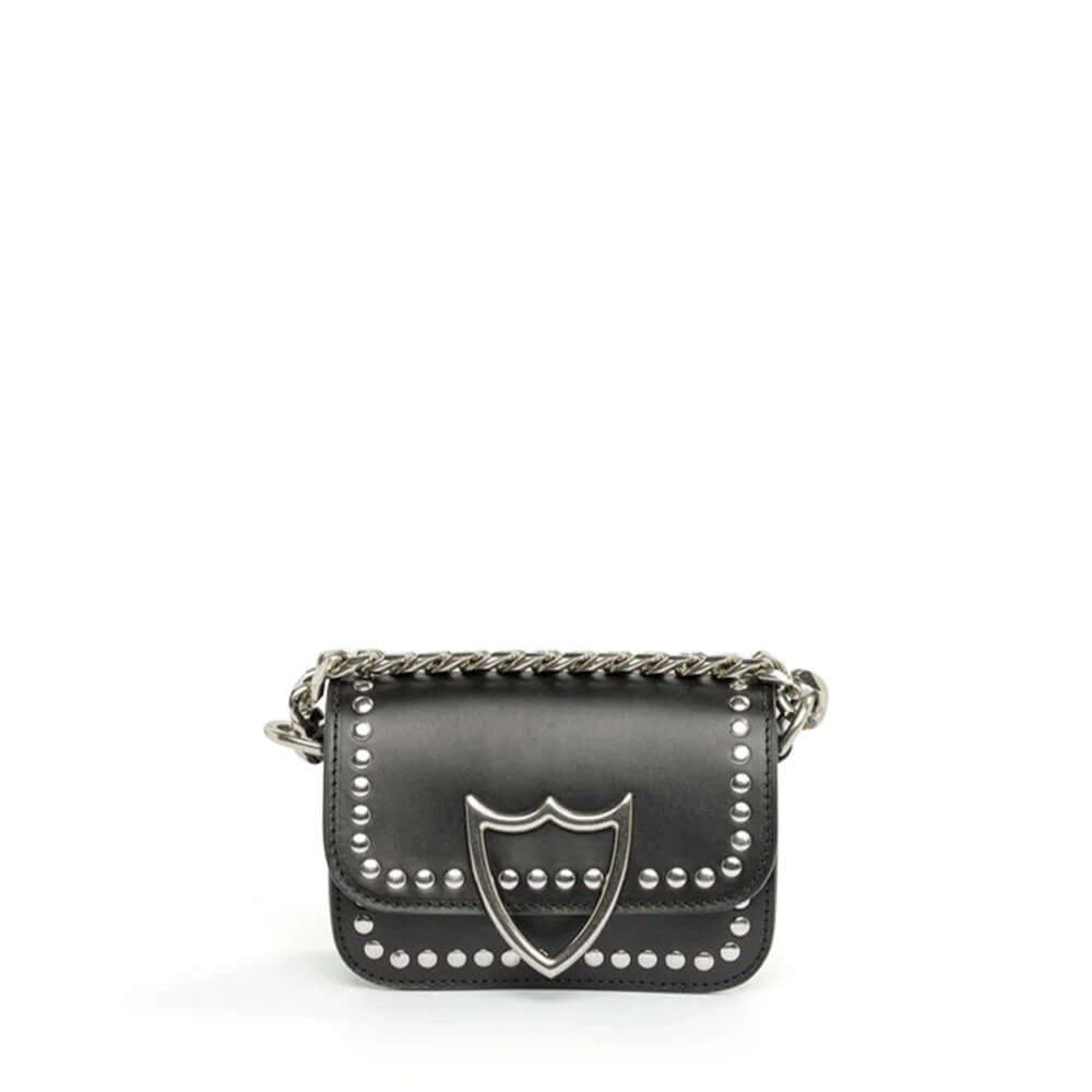 Hollywood Trading Company L.A. STUDS MICRO BAG L.A. STUDS MICRO BAG Leather micro bag. Front studded flap with snap button closure. Front silver colored metal logo detail. One internal patch pocket. Leather lining. Shoulder leather strap and metal chain l