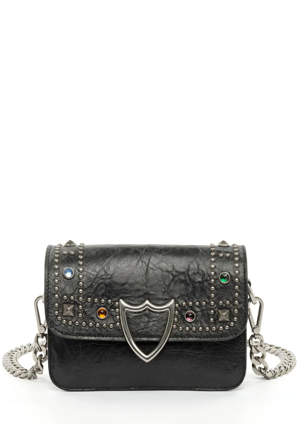 L.A. TROUBADOUR MED BAG Black leather mini bag. Front studded flap with snap button closure. Front silver colored metal logo detail. Studs and rhinestones outline on the front.One internal patch pocket. Leather lining. Shoulder leather strap and metal cha