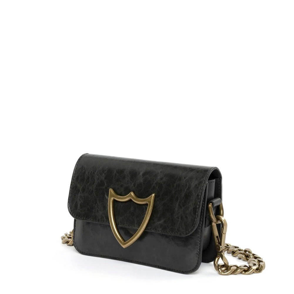 Hollywood Trading Company L.A. VINTAGE MINI BAG L.A. VINTAGE MINI BAG Black leather mini bag. Front flap with snap button closure. Front silver colored metal logo detail. Leather lining. Metal chain strap. Made in Italy. 100% Leather BAGS Hollywood Tradin