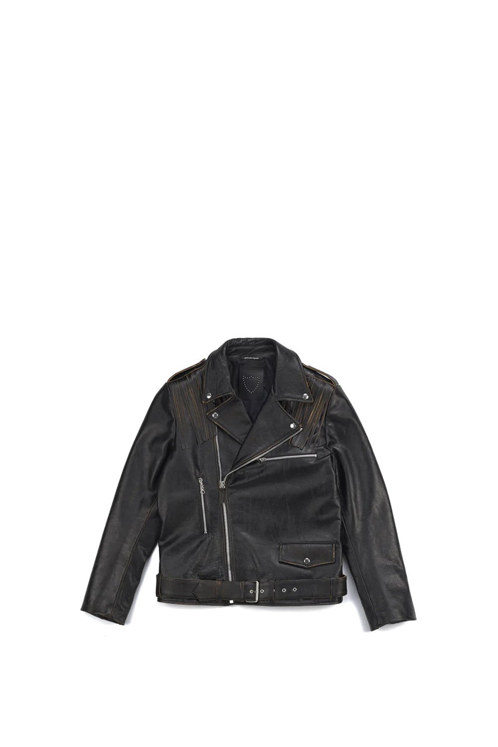 MICK JACKET Black leather jacket. Asymmetric zip closure. removable fringes on the shoulders. Side pocket with zip closure. Zippers on the sleeves. 100% leather. Lining 100% viscose. Made in Italy. HTC LOS ANGELES