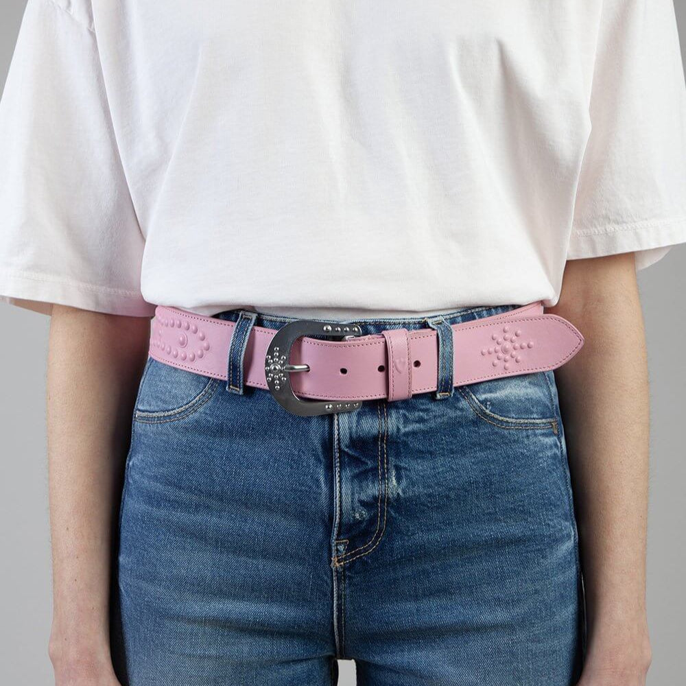 Hollywood Trading Company MIRAGE BELT MIRAGE BELT Pink leather belt, zama buckle, with HTC shield logo rivet. Height: 4 cm. Made in Italy. BELTS Hollywood Trading Company Hollywood Trading Company