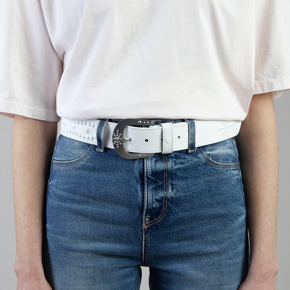 Hollywood Trading Company MIRAGE BELT MIRAGE BELT White leather belt, zama buckle, with HTC shield logo rivet. Height: 4 cm. Made in Italy. BELTS Hollywood Trading Company Hollywood Trading Company