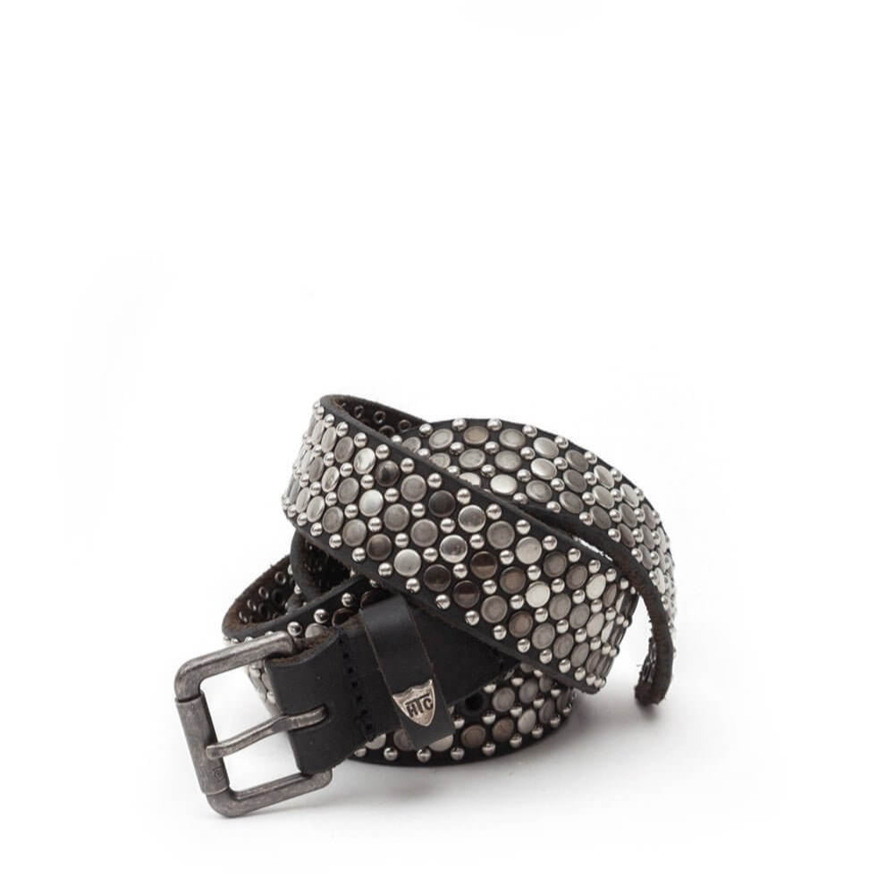 Hollywood Trading Company NEST SLIM BELT NEST SLIM BELT Black leather belt with studs, metallic buckle, studded zamac belt loop and rivet with HTC logo. Height: 2.5 cm. Made in Italy. BELTS Hollywood Trading Company Hollywood Trading Company