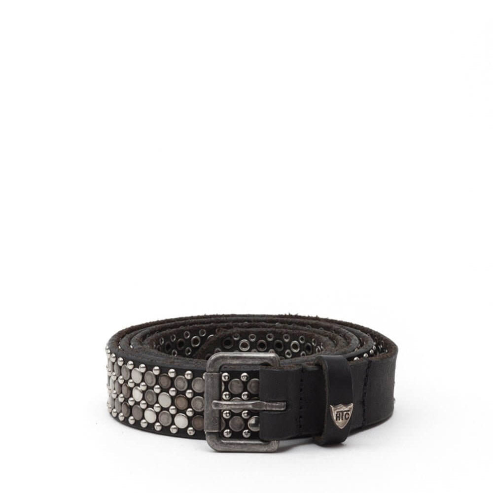 Hollywood Trading Company NEST SLIM BELT NEST SLIM BELT Black leather belt with studs, metallic buckle, studded zamac belt loop and rivet with HTC logo. Height: 2.5 cm. Made in Italy. BELTS Hollywood Trading Company Hollywood Trading Company