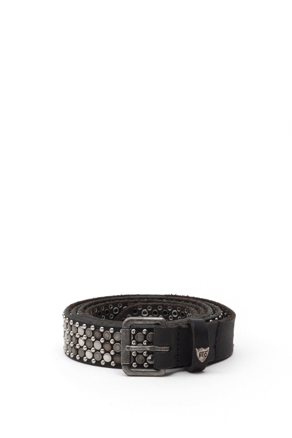 NEST SLIM BELT Black leather belt with studs, metallic buckle, studded zamac belt loop and rivet with HTC logo. Height: 2 cm. Made in Italy. HTC LOS ANGELES
