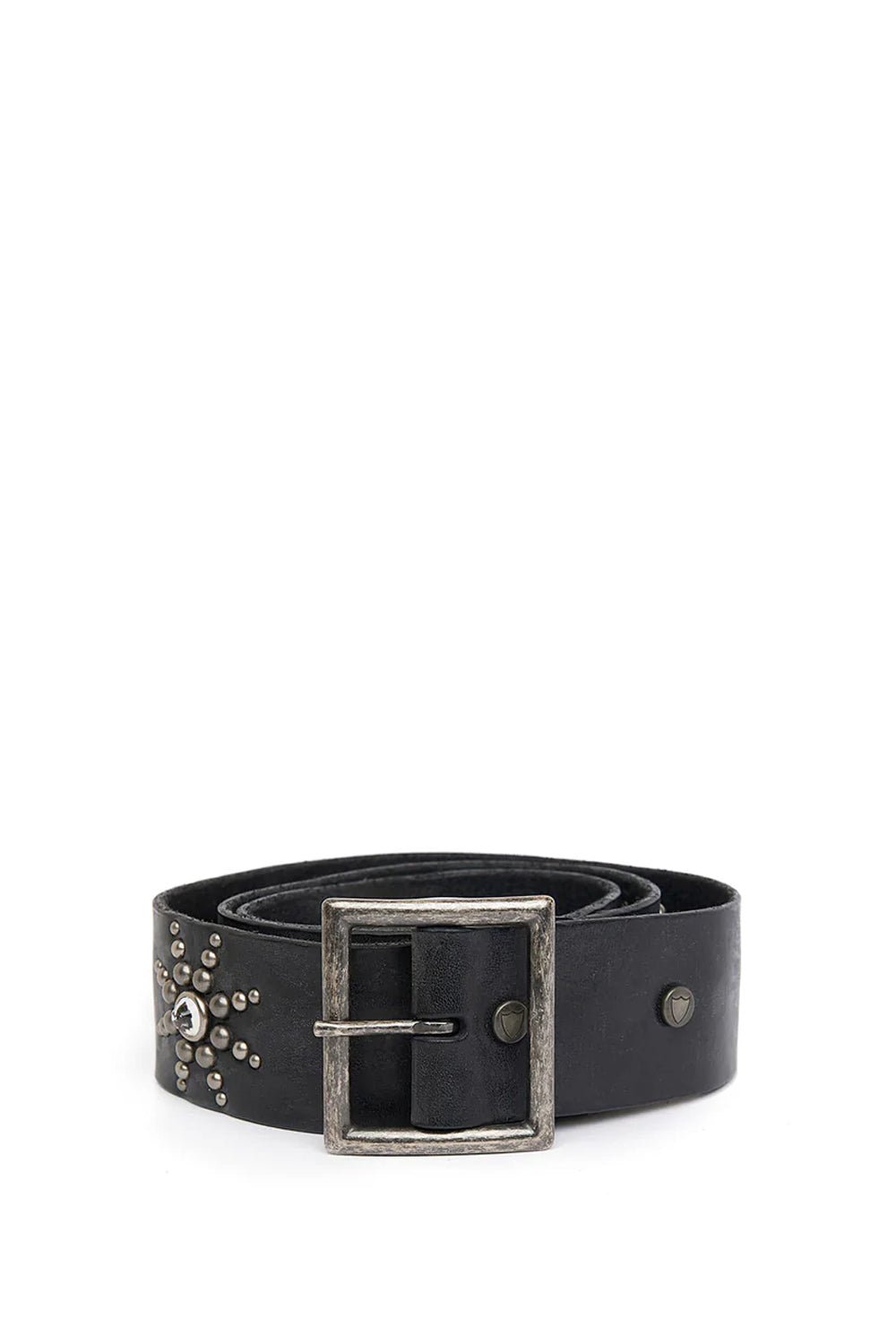 PASADENA BELT Black leather belt with studs and rhinestones. Brass buckle. Height: 4 cm. HTC LOS ANGELES