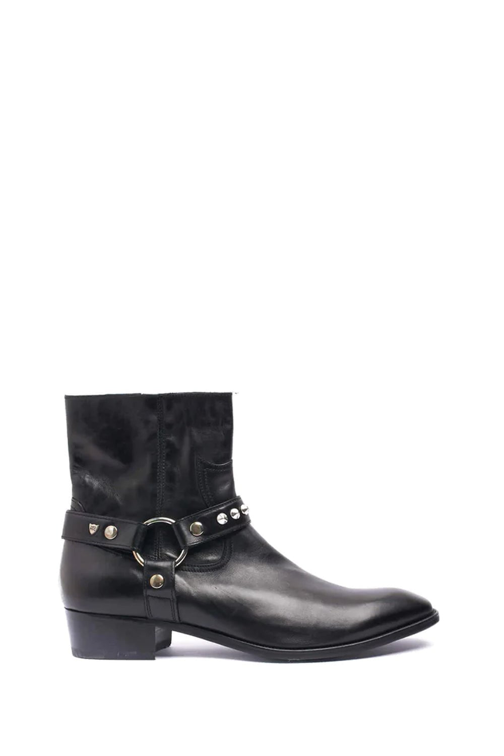 RING BOOT Black leather boots with studded strap, leather sole, made in Italy. HTC LOS ANGELES