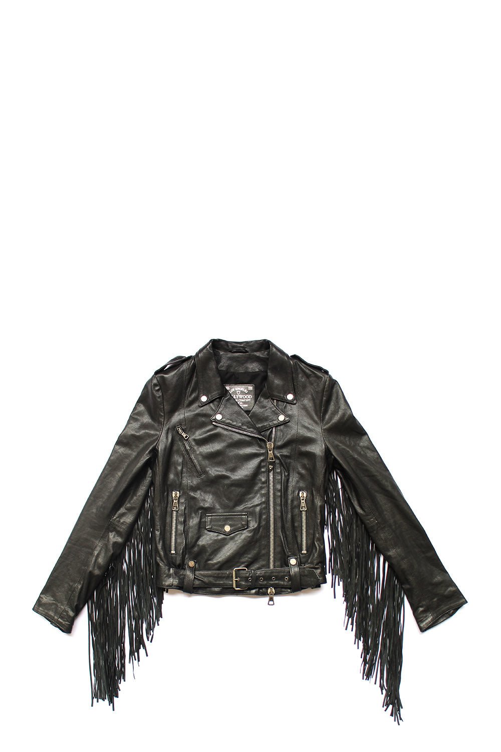 ROXANNE FINGERS JACKET Black Leather jacket. Front button closure. Front pockets. Fringes on the back. HTC LOS ANGELES