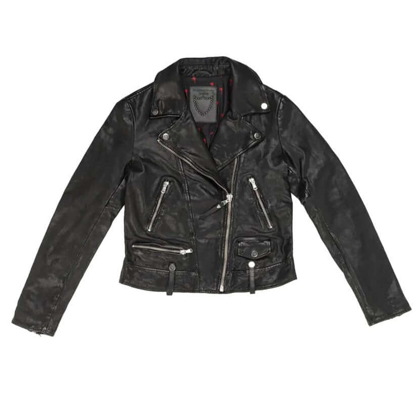 htclosangeles SANTA ANA JACKET BLACK SANTA ANA JACKET BLACK Black leather jacket. Central zip closure. Side and frontal pockets with zip closure. Studs on the shoulders. Palms tree printed lining. Hollywood Trading Company Hollywood Trading Company