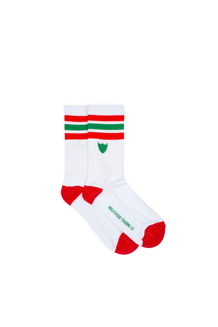SHIELD FLAG MAN SOCKS Signature man socks with Hollywood Trading Co script logo. 85% Cotton 10% Polyamide 5% Elastane. Made in Italy HTC LOS ANGELES