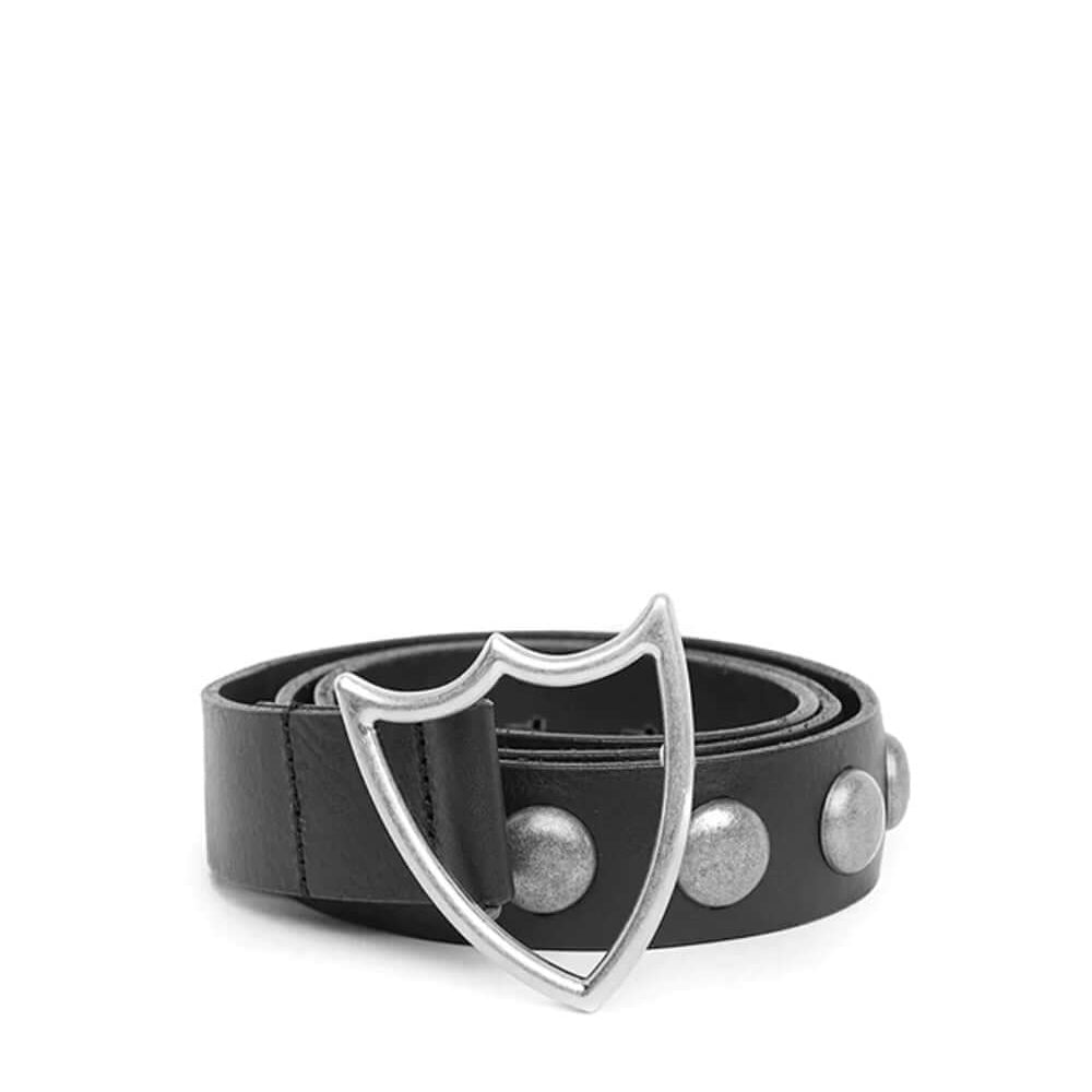 Hollywood Trading Company SHIELD STUDDED BELT SHIELD STUDDED BELT Black leather belt with studs. Shield shaped buckle. 3,5 cm height. BELTS Hollywood Trading Company Hollywood Trading Company