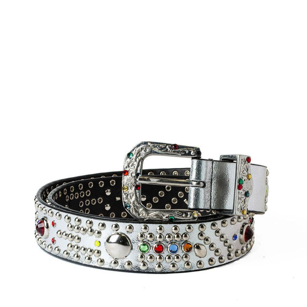 Hollywood Trading Company SHINY WESTERN BELT SHINY WESTERN BELT Silver leather belt with studs and rhinestones.Height: 3 cm. Made in Italy. BELTS Hollywood Trading Company Hollywood Trading Company