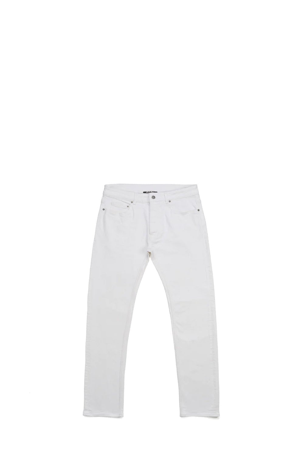 SLIM BASIC WHITE Slim fit jeans in white denim, 5 pockets, hidden front button closure. Metallic logo detail on the back. 100% cotton. Made in Italy. HTC LOS ANGELES