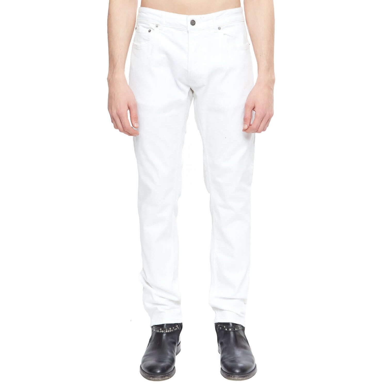 htc los angeles SLIM BASIC WHITE SLIM BASIC WHITE Slim fit jeans in white denim, 5 pockets, hidden front button closure. Metallic logo detail on the back. 100% cotton. Made in Italy. PANTS Hollywood Trading Company Hollywood Trading Company
