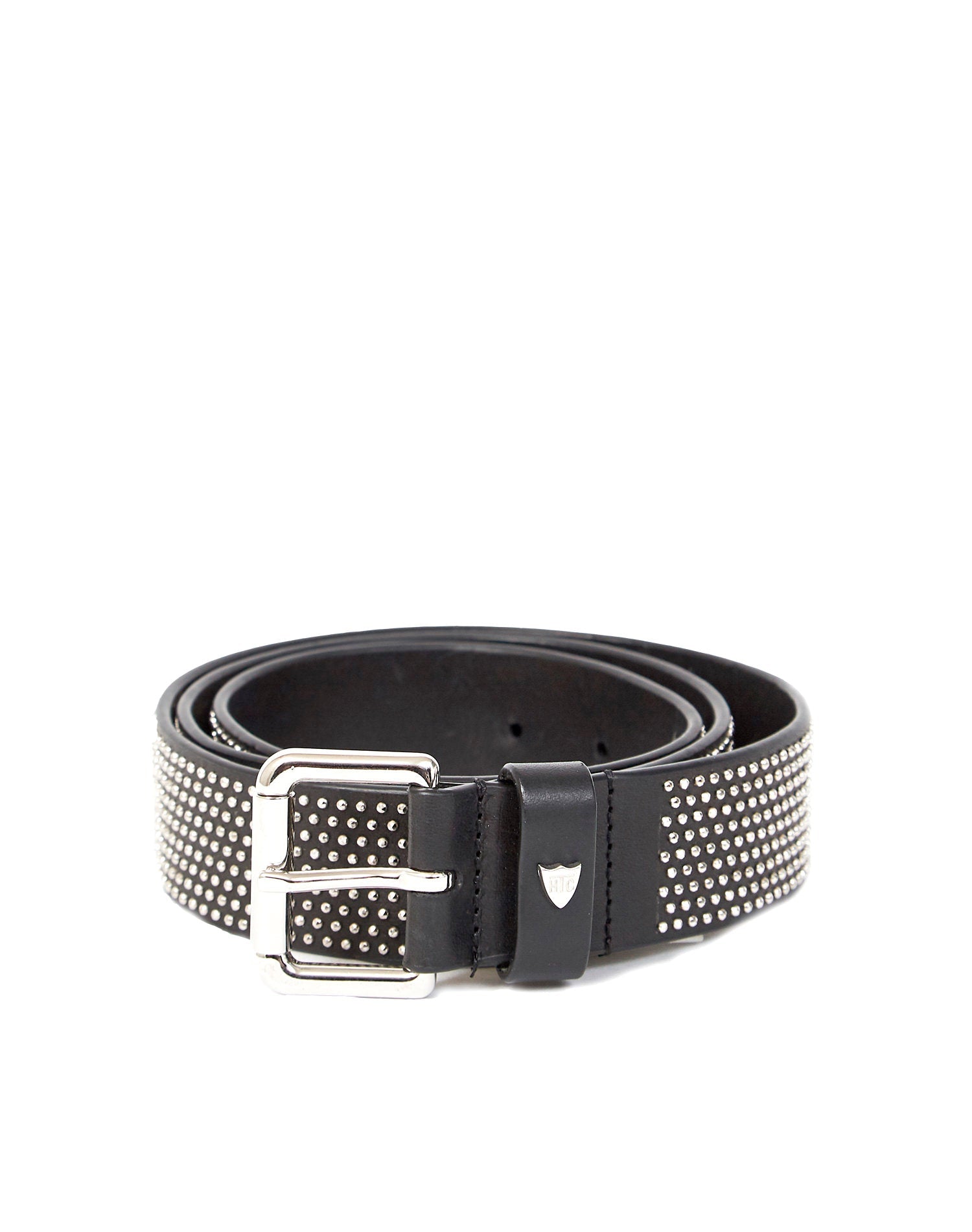 SOPHIA BELT Black leather belt with microstuds, buckle and belt loop in shiny metal. Height: 3.5 cm. Made in Italy. HTC LOS ANGELES