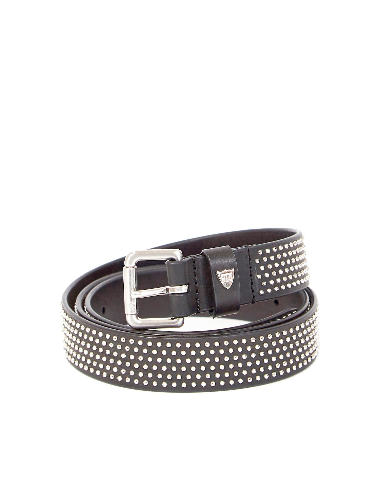 SOPHIA SLIM BELT Black leather belt with microstuds, buckle and belt loop in shiny metal. Height: 2,5 cm. Made in Italy. HTC LOS ANGELES