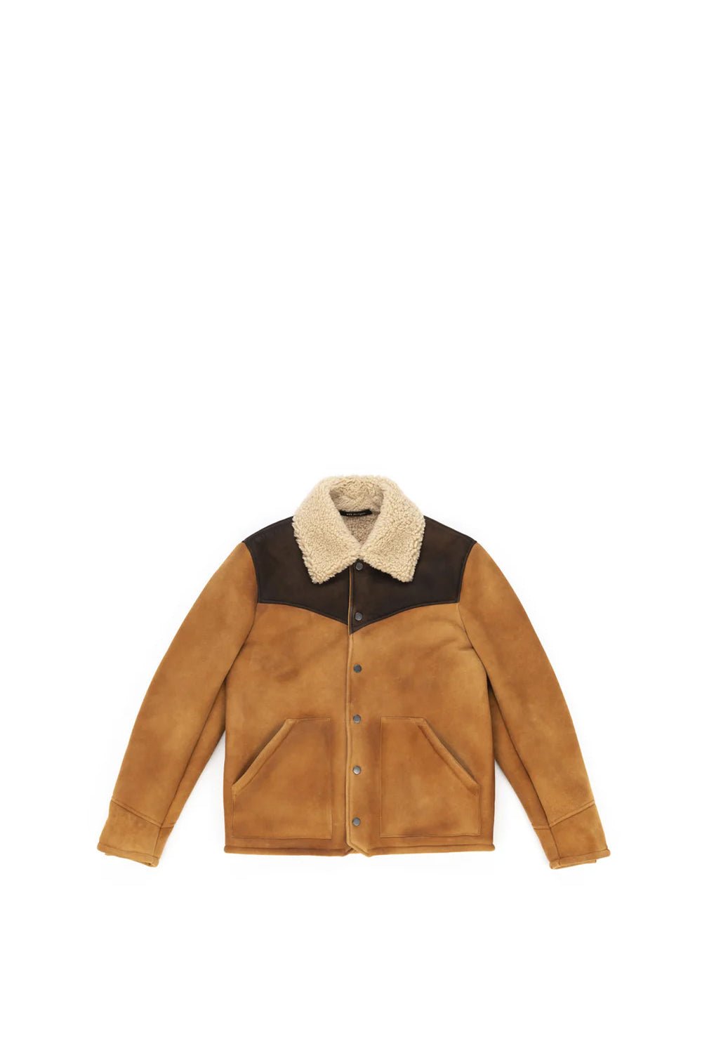ST. ANTON JACKET Cognac leather jacket. Lining and lapels in white shearling. Frontal buttons. 2 side pockets. 100% Ovine leather. HTC LOS ANGELES