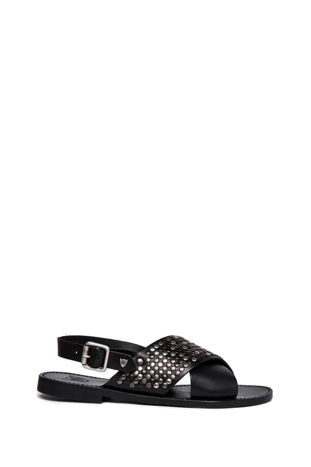 STUDDED CROSS SANDAL Black leather studded sandals. Adjustable buckle strap. Heel height: 1,5 cm. Made in Italy. HTC LOS ANGELES