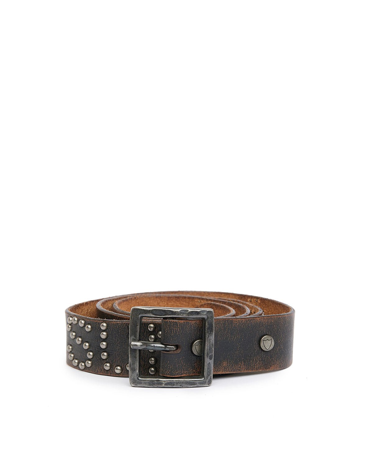 SUNSET BLV BELT Brown leather belt with studs, rhinestones and studded 'SUNSET BLV' writing. Brass buckle. Height: 3,5 cm. HTC LOS ANGELES