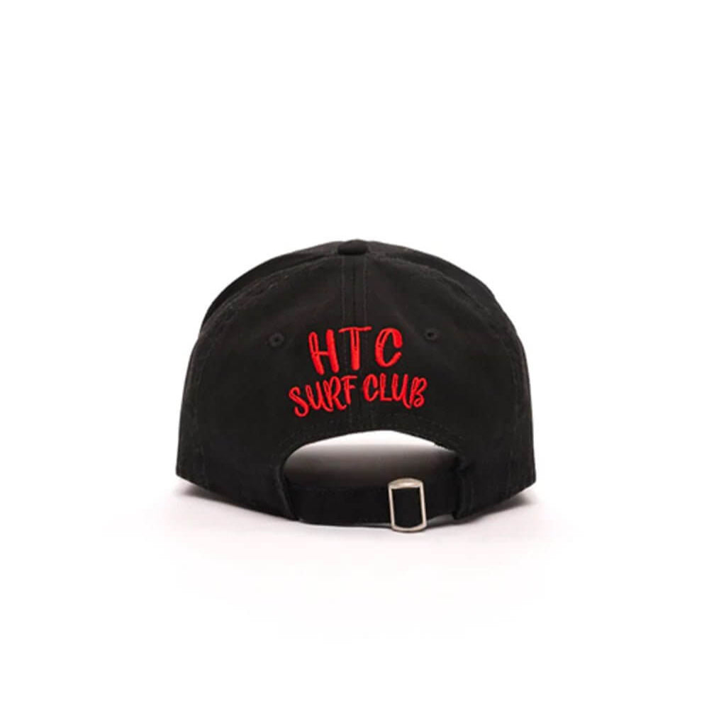 htclosangeles SURF CLUB CAP SURF CLUB CAP Limited Edition Black baseball cap with preformed peak, round crown with eyelets,'HTC SURF CLUB' logo printed on the front, adjustable strap on the back. One size fits all. 100% cotton. Hollywood Trading Company H