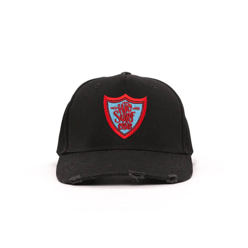 htclosangeles SURF CLUB CAP SURF CLUB CAP Limited Edition Black baseball cap with preformed peak, round crown with eyelets,'HTC SURF CLUB' logo printed on the front, adjustable strap on the back. One size fits all. 100% cotton. Hollywood Trading Company H