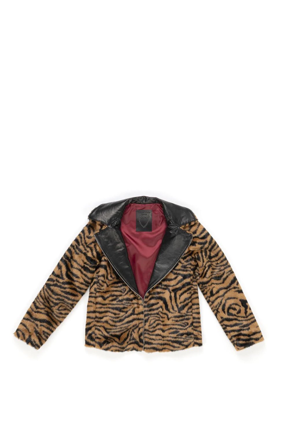 TIGER FAUX FUR BLAZER Tiger faux fur bazer, leather collar with hand-studded edge. Contrasting red lining. HTC LOS ANGELES