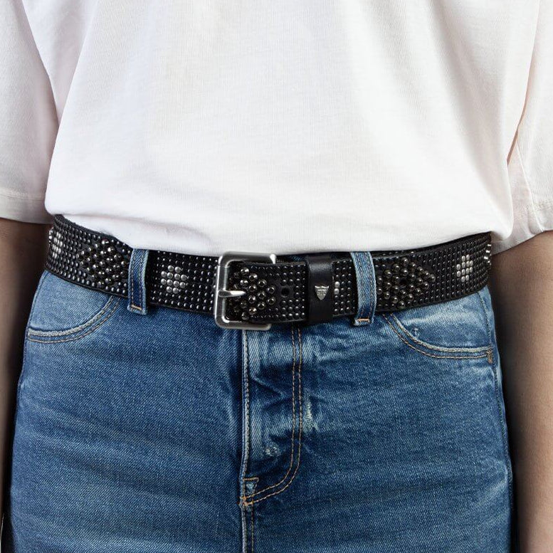 HTC LOS ANGELES TORY BELT TORY BELT Black leather belt with mixed studs .Height: 3 cm. Made in Italy. Hollywood Trading Company Hollywood Trading Company