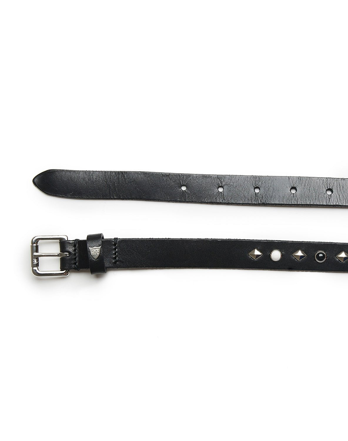VENICE BELT Black leather belt, with rhombus studs and colored stones. Brass buckle. Height: 2,5 cm. HTC LOS ANGELES
