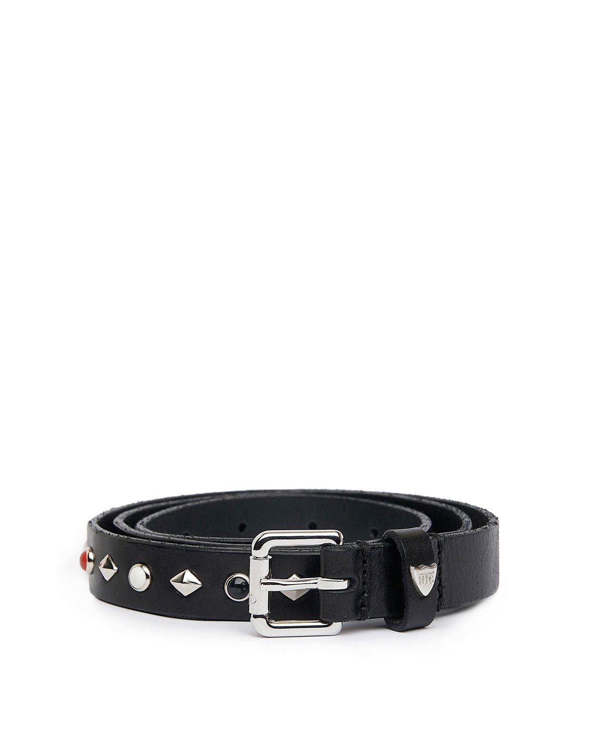 VENICE BELT Black leather belt, with rhombus studs and colored stones. Brass buckle. Height: 2,5 cm. HTC LOS ANGELES