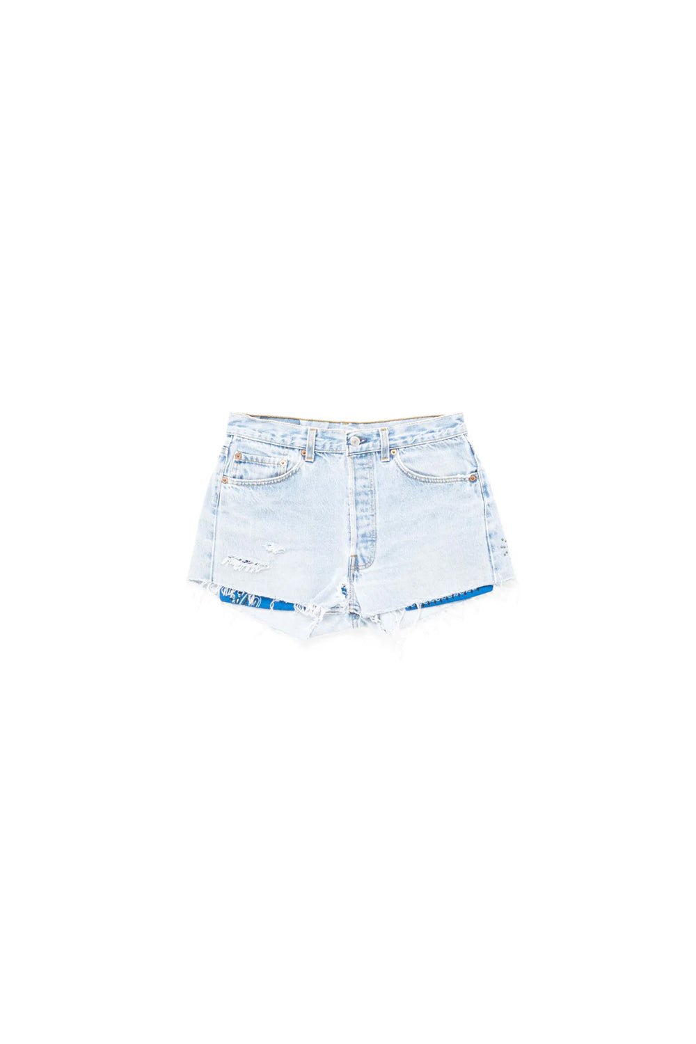 VINTAGE BANDANA SHORTS Levi's vintage denim shorts. Customized shorts with vintage bandana applicated inside. Every piece is 'one of a kind', designed using handcrafted materials. As a result of this process there will be variations in the shade of the co